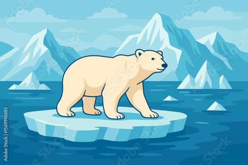 Polar bear standing on floating ice floe with arctic glacier mountains and icebergs, climate change wildlife concept, endangered animal in polar landscape, vector illustration