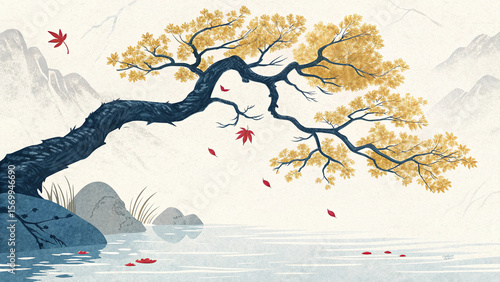 Stylized japanese maple tree with golden leaves and falling red leaves over water