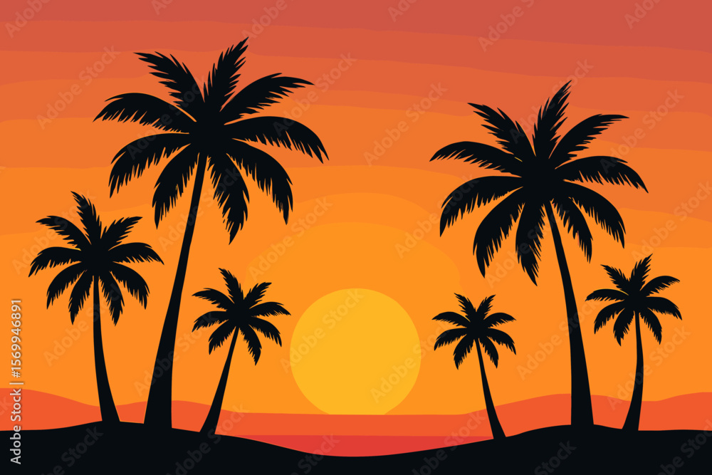 Beautiful tropical sunset with palm tree silhouettes. Vector illustration of an exotic paradise island. Summer vacation travel background with orange sky and sun over the ocean. Beautiful tropical sunset with palm tree silhouettes. Vector illustration of an exotic paradise island. Summer vacation travel background with orange sky and sun over the ocean.