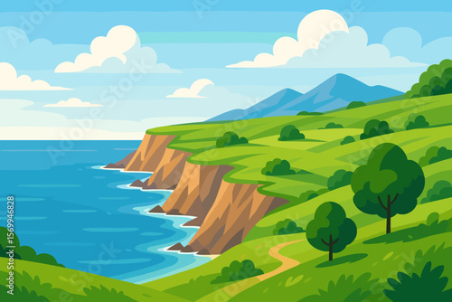 Scenic seascape with rocky cliffs and green hills. Summer coast landscape with ocean, mountains, fields, and trees. Nature background. Modern flat cartoon vector illustration.