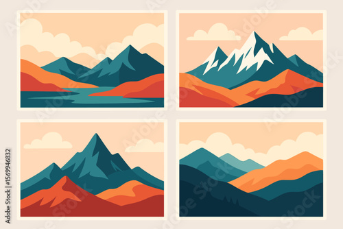 Set of modern mountain landscape posters. Abstract vector nature scenes for banners or backgrounds. Flat design illustration collection for travel, adventure and outdoor tourism.