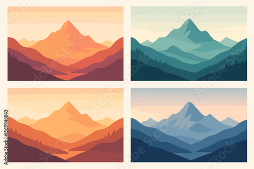 Mountain landscape set in flat design. Vector collection of minimalist nature backgrounds. Abstract scenery with mountain peaks, valley, forest and river. Different color schemes.