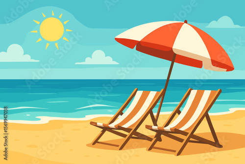 Summer beach vacation scene with sun loungers and striped umbrella on sandy coast, sunny sky, calm sea, relaxing holiday, tropical travel, modern flat vector cartoon illustration