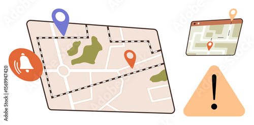 Map with location pins, digital device screen showing route, bell icon for notifications, warning icon for alerts. Ideal for navigation, travel, GPS, planning, geolocation notifications alert