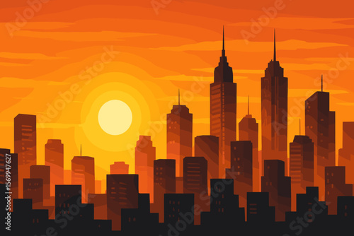 Modern city skyline silhouette at sunset or sunrise. Urban cityscape with skyscrapers and buildings against a bright orange sky. Metropolis downtown vector illustration.