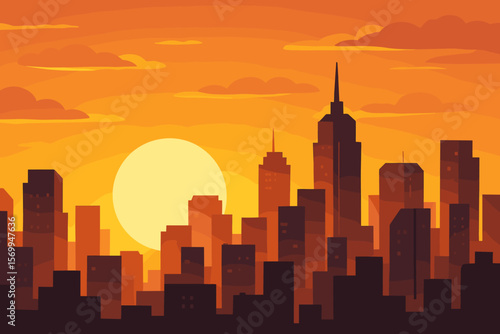 City skyline silhouette at sunset or sunrise. Modern urban landscape with skyscrapers. Downtown panorama view with orange sky and sun. Flat vector cartoon illustration background.
