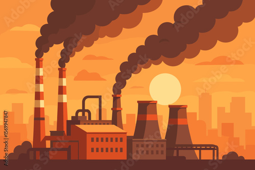 Industrial factory with smoking chimneys polluting city air. Plant smokestack emissions concept. Environmental pollution, global warming. Urban landscape at sunset vector.