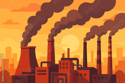 Industrial factory with smoking chimneys polluting air over a city at sunset. Plant emissions, environmental damage, climate change concept. Modern flat vector cartoon illustration.
