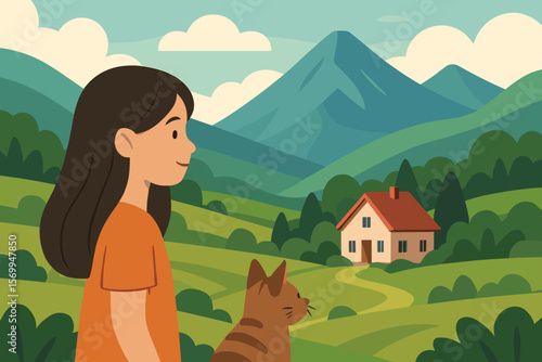Girl and cat looking at house in beautiful mountain landscape. Vector illustration of rural life, peaceful countryside with green hills. Concept of home, nature, and serenity.