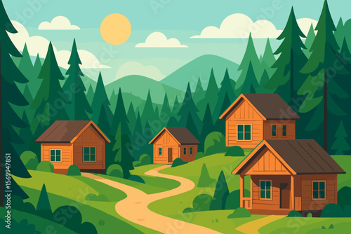 Summer landscape with wooden cabins in forest. Vector illustration of a mountain village or camp. Scenic nature view with pine trees, hills for hiking and travel concept.