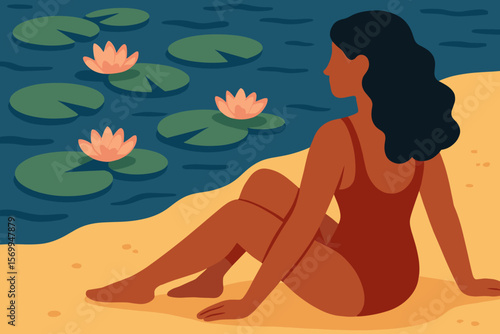 Relaxing summer vacation with a woman reading a book on a sandy beach by the water. Peaceful leisure scene with water lilies. Modern flat vector cartoon lifestyle illustration.