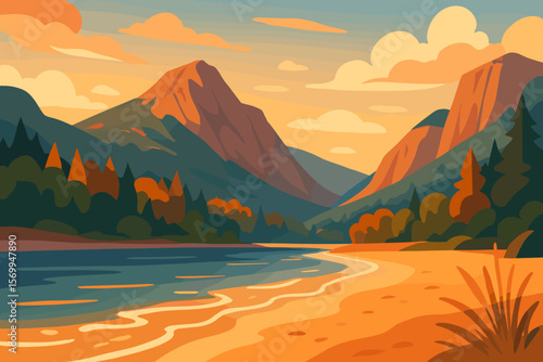 Warm evening landscape of a mountain valley. Scenic view of a lake or river with a sandy beach and forest. Tranquil nature scenery at sunset. Vector illustration for travel.