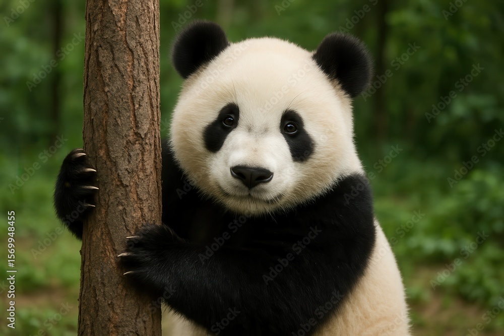 Fototapeta premium Cute panda cub hugging a tree in a forest