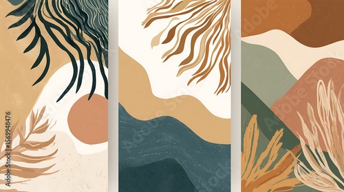 Three abstract paintings featuring nature elements in earth tones and minimalist compositions style