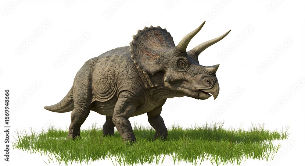 Fototapeta premium Triceratops steht ruhig im Gras Sonnenlicht beleuchtet detailliert das Modell. AI Generated