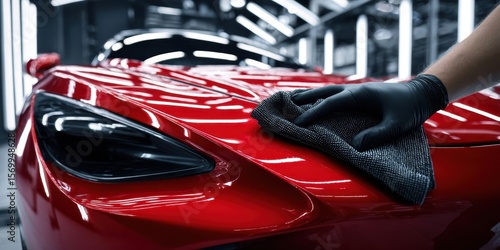 The shining red car being meticulously cleaned in a modern workshop.