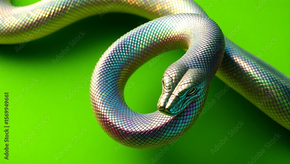 Obraz premium Iridescent snake coiled on a bright green background with scales reflecting light and color