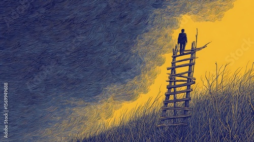 A person stands atop a rickety ladder against a backdrop of contrasting sky colors