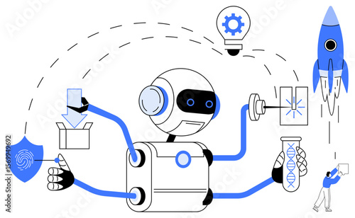 Futuristic robot managing multitasks thumbs up DNA research, data security, package delivery, and innovation. Ideal for AI, automation, technology innovation, research, business security