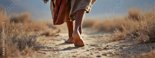Barefoot Jesus walking along dusty trail, close-up of feet   -