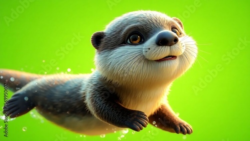 A cartoon otter swims in bright green water with a cheerful expression on its face looking upwards