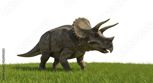 Triceratops puissant se deplace paisiblement sur herbe verte sous soleil vif. AI Generated
