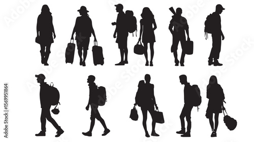 Set of silhouettes of tourists and travelers , black silhouettes isolated on white background
