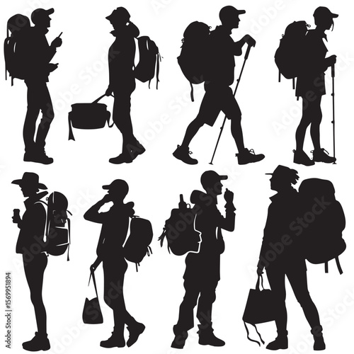 Set of silhouettes of tourists and travelers , black silhouettes isolated on white background
