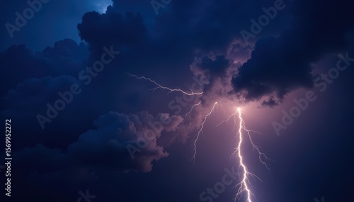 Fototapeta Naklejka Na Ścianę i Meble -  Stormy night sky with lightning illuminating dark clouds and thunder rumbling, cloudy skies, stormy weather, rainy weather