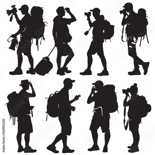 Set of silhouettes of tourists and travelers , black silhouettes isolated on white background