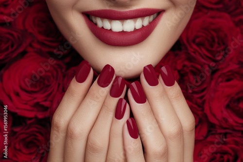 Concepto de belleza femenina, labios y uñas pintadas de rojo y saludable. Dentadura