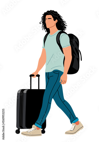 Vector illustration of a young man with curly hair walking with a suitcase and backpack. Casual outfit, traveler or tourist character, side view, isolated on transparent background.
