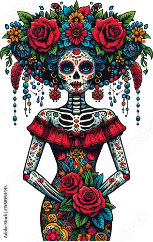 Vector Clipart of a Catrina in Day of the Dead Style with Clean White Background