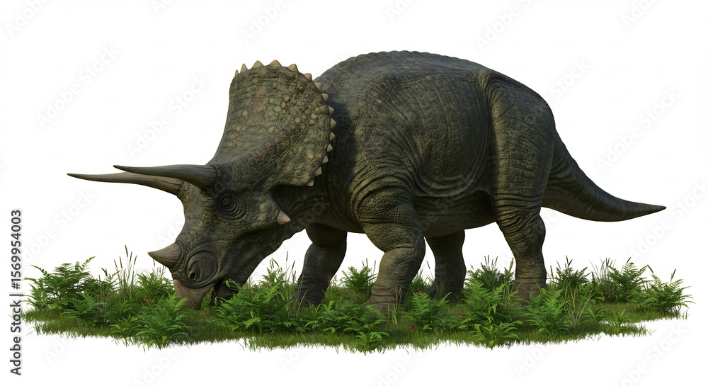 Fototapeta premium Triceratops paisible broute herbe verte lumiere douce. AI Generated