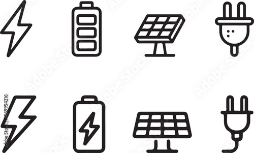 Black and white energy icons including lightning bolt battery solar panel and plug on white background