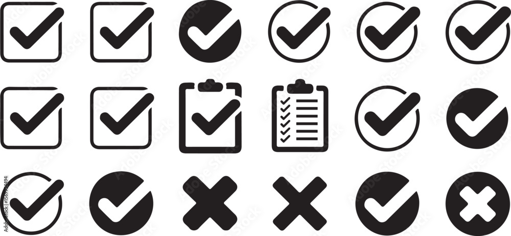 Black Check Mark and Cross Icons in Various Shapes Square Circle Clipboard Isolated on White Background Black Check Mark and Cross Icons in Various Shapes Square Circle Clipboard Isolated on White Background