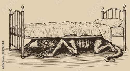 Monster lurking under bed in dark illustration concept  