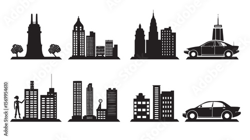Set of silhouettes on a theme city car, journey, traffic, skyscrape , black silhouettes isolated on white background