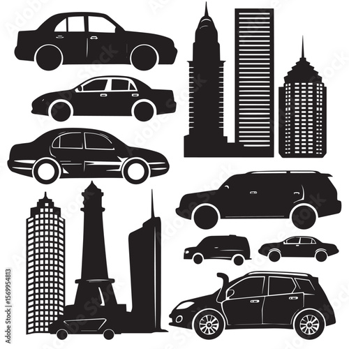Set of silhouettes on a theme city car, journey, traffic, skyscrape , black silhouettes isolated on white background