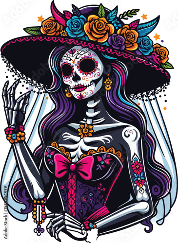 Vector Clipart of a Catrina in Day of the Dead Style with Clean White Background