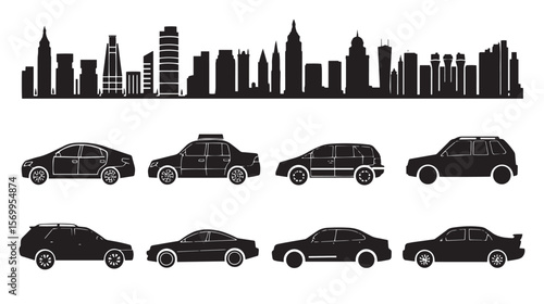Set of silhouettes on a theme city car, journey, traffic, skyscrape , black silhouettes isolated on white background