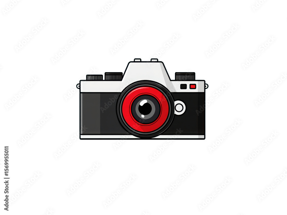 A camera with a red lens and a red shutter button A camera with a red lens and a red shutter button