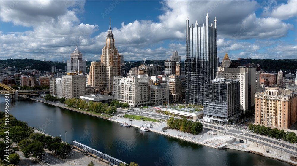 Fototapeta premium Drone captures vibrant skyline with downtown buildings and empty streets flanked by homes under a bright summer sky
