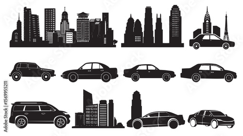 Set of silhouettes on a theme city car, journey, traffic, skyscrape , black silhouettes isolated on white background