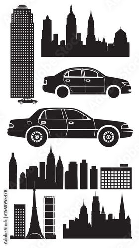 Set of silhouettes on a theme city car, journey, traffic, skyscrape , black silhouettes isolated on white background
