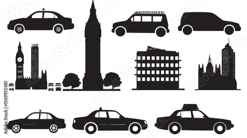 Set of silhouettes on a theme city car, journey, traffic, skyscrape , black silhouettes isolated on white background