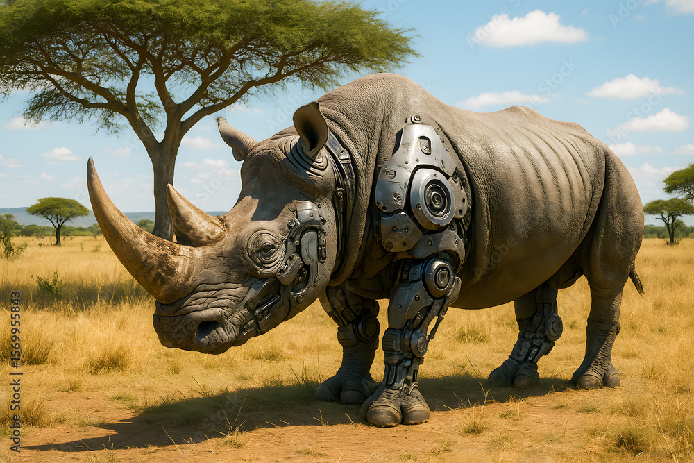 Fototapeta premium Robotic Rhino Roaming Futuristic Savannah