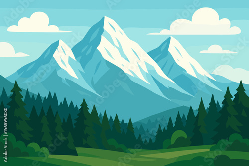Mountain landscape with snow capped peaks and pine forest. Nature background for travel and adventure. Flat vector cartoon illustration of wilderness, hiking and tourism concept.