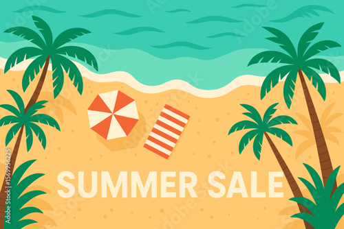 Top view summer beach vector illustration with palm trees, sandy shore, ocean waves. Summer sale promotional web banner, flyer design.