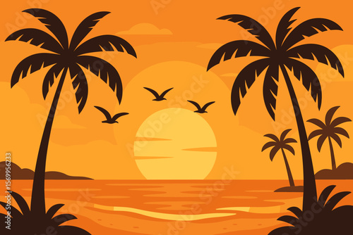 Beach sunset with palm tree silhouette. Paradise tropical landscape background. Summer vacation, exotic holiday, travel concept. Modern flat cartoon vector illustration scenic view.